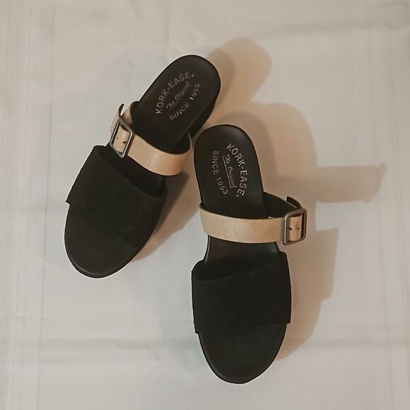 NWOT Kork-Ease Black suede, tan leather slide on shoes size 6 - Picture 2 of 10